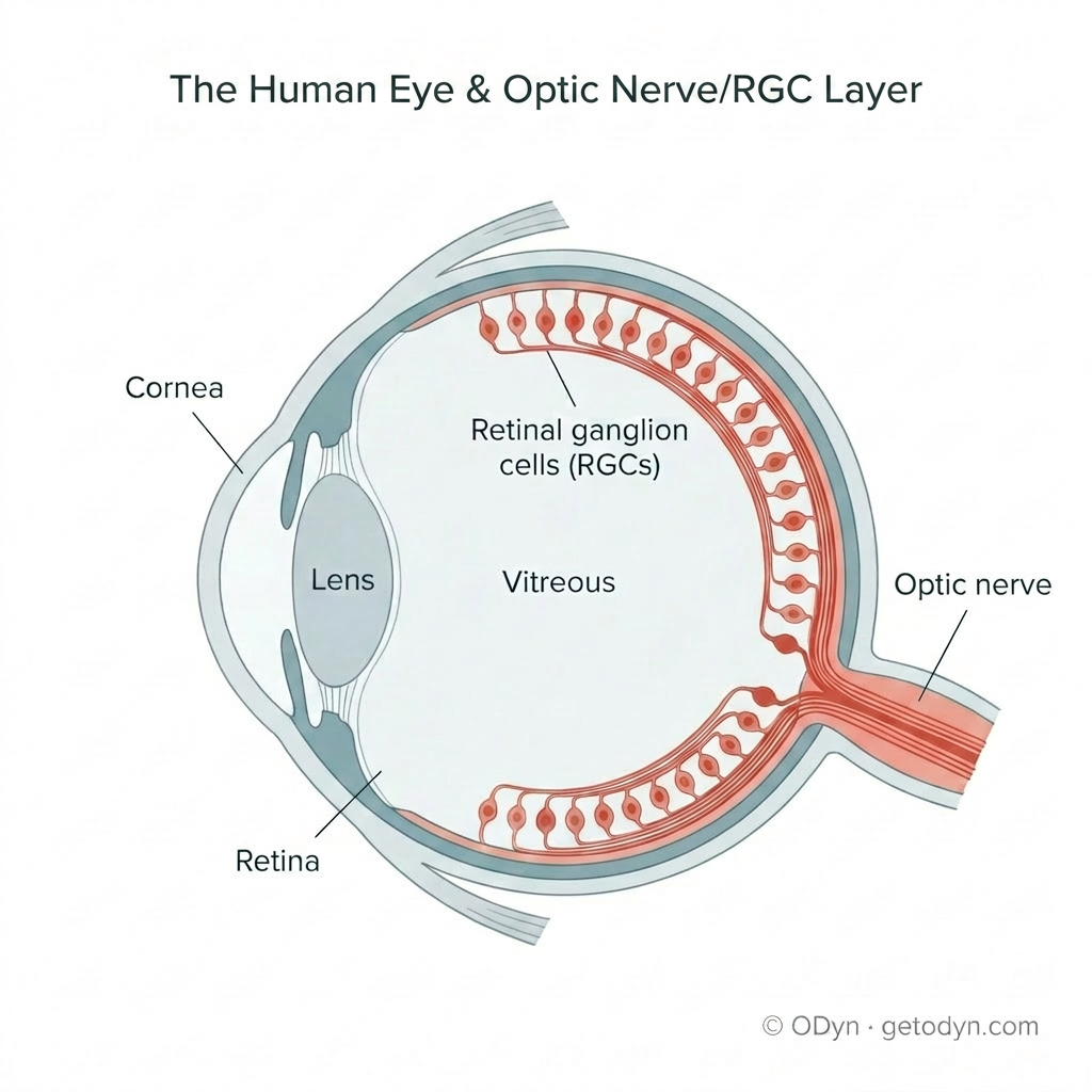 Cross-section of the eye: the optic nerve and the retinal ganglion cell layer at the back are the sensor that converts light into the signals the brain assembles into vision.