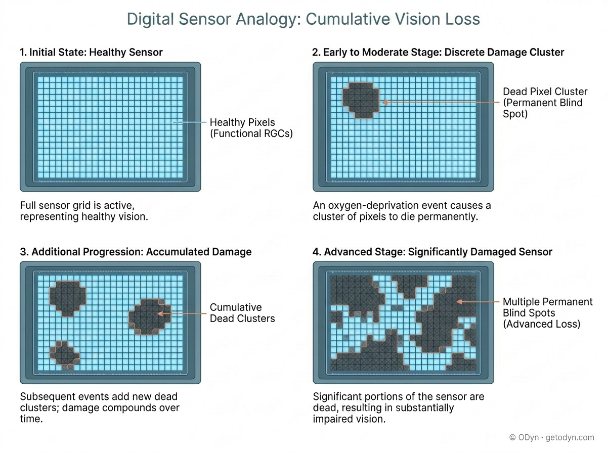 Like dead pixels on a camera sensor, each oxygen-deprivation event darkens another cluster of cells in a discrete, punctuated moment — and those pixels never come back.