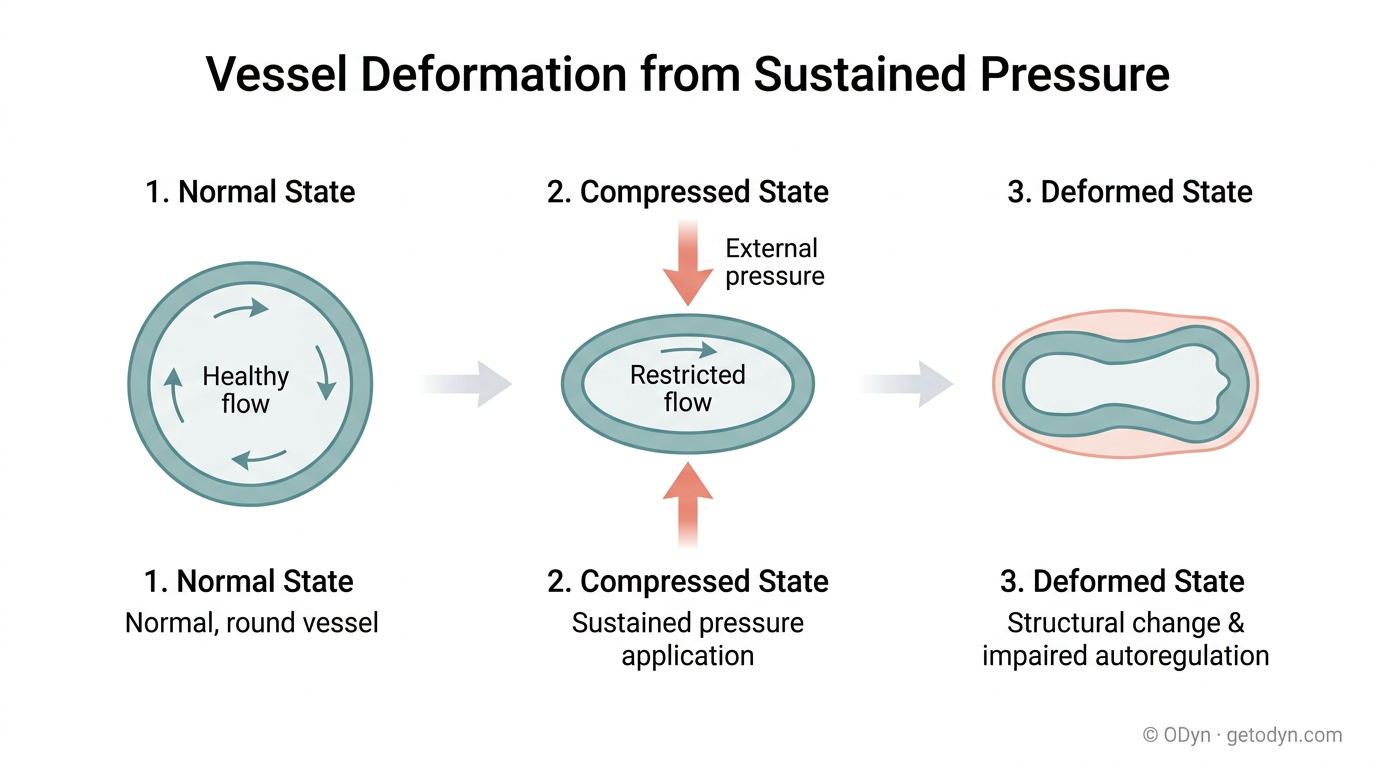 A small vessel feeding the optic nerve in three states: normal and round, compressed by sustained pressure, then permanently deformed — structurally changed even after the pressure resolves.