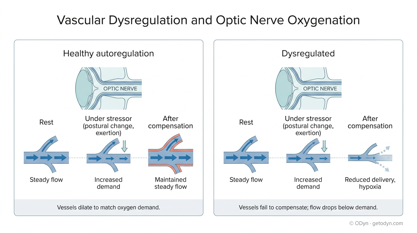 Healthy autoregulation versus dysregulation: at rest, under stressor, and after compensation. Healthy vessels dilate to maintain steady flow; dysregulated vessels fail to compensate, so oxygen delivery drops below demand.