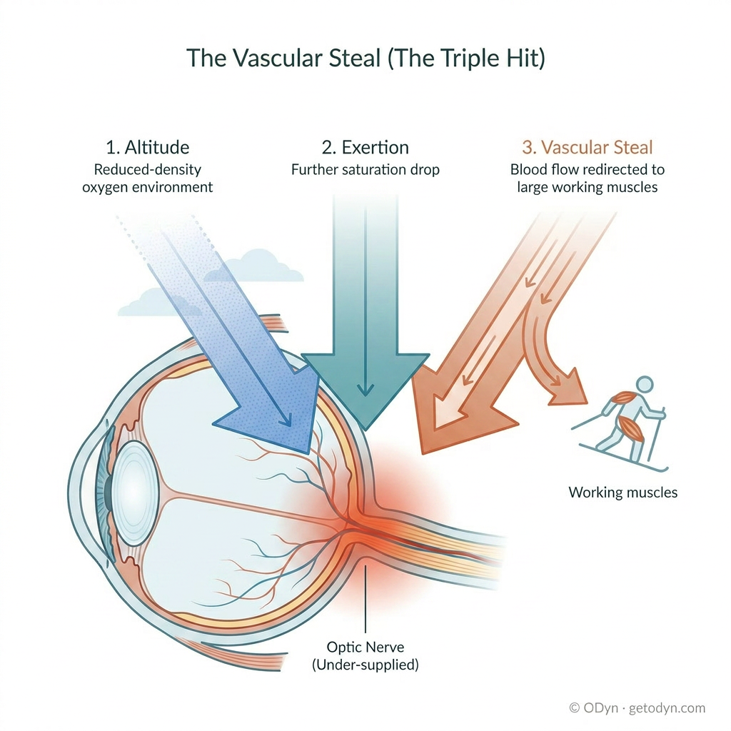 The vascular steal: at altitude, working muscles redirect cardiac output away from non-prioritized systems including the optic nerve, compounding the baseline and exertion deficits.