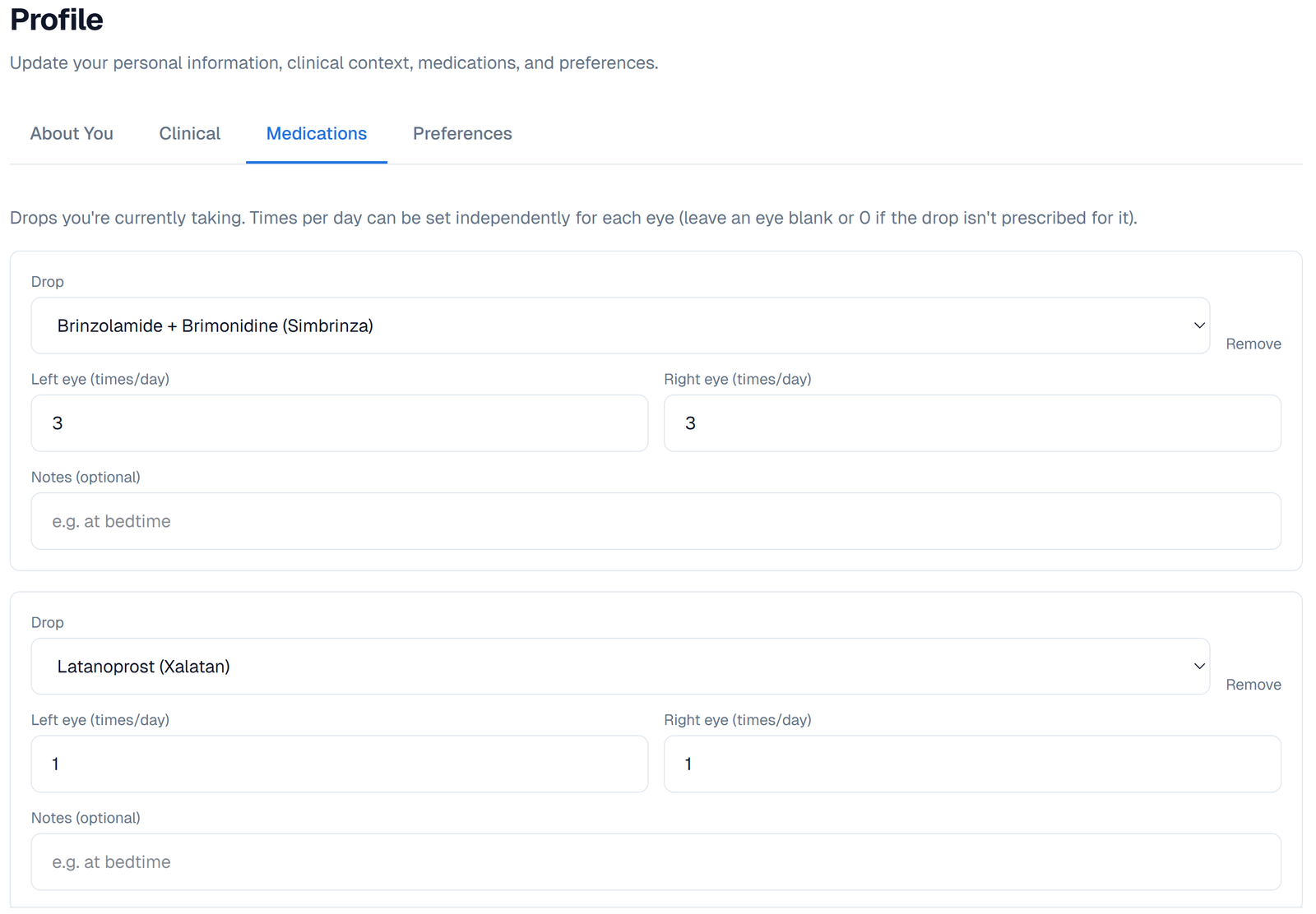 The drops step of onboarding, showing per-eye entry.