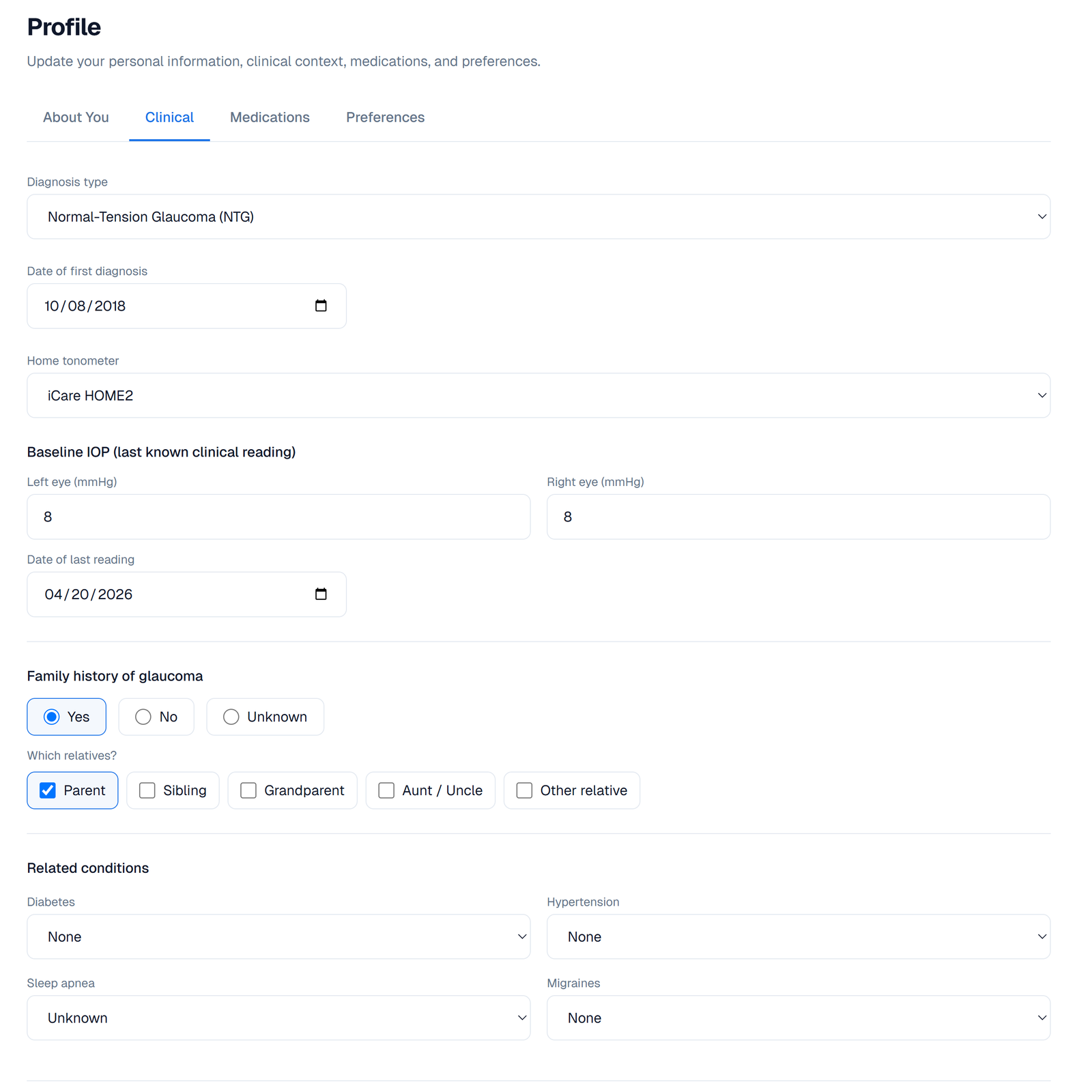 Account → Profile → Clinical tab, where these can be edited.