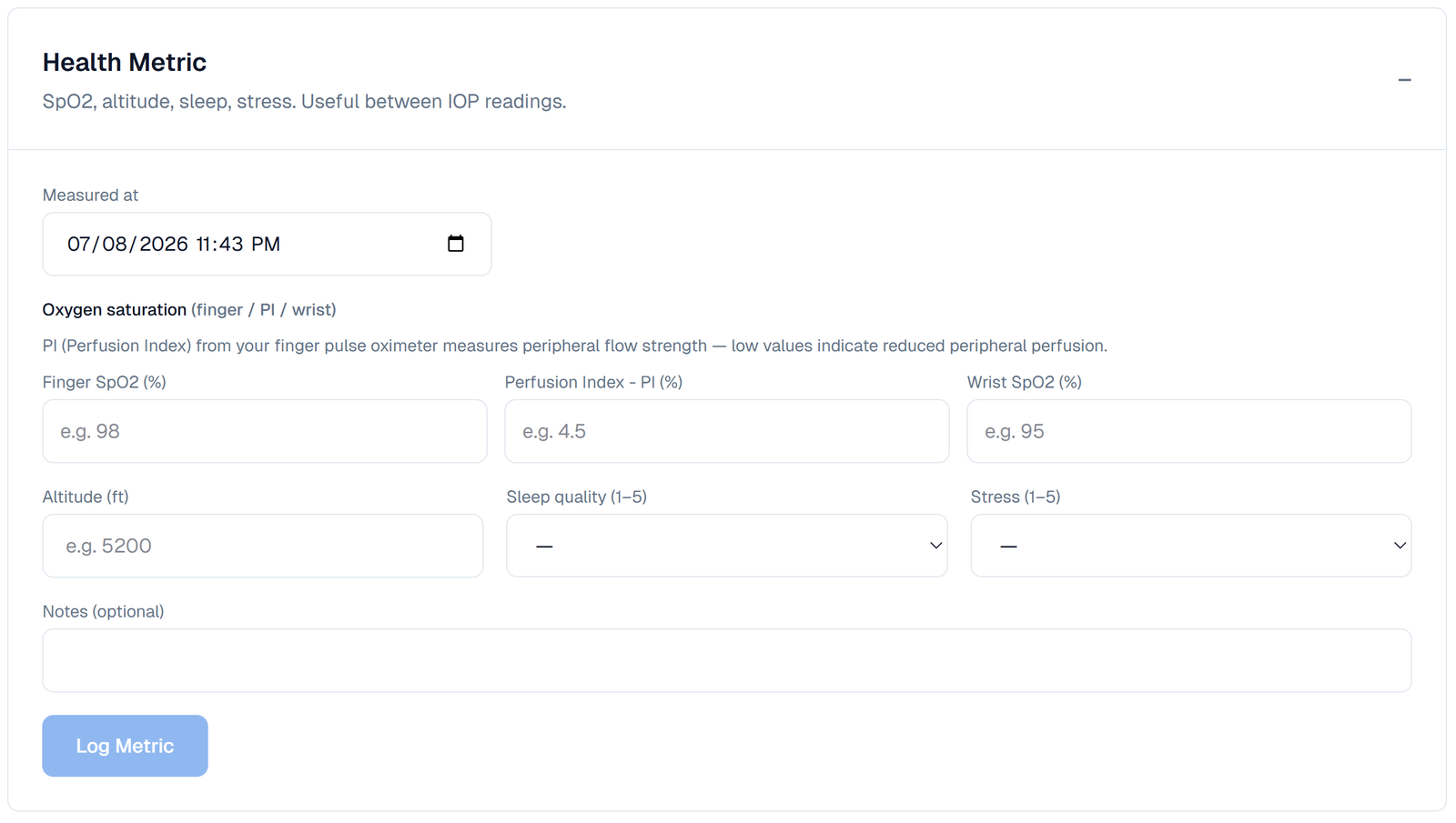 The Health Metric form with SpO₂, altitude, sleep, and stress fields.