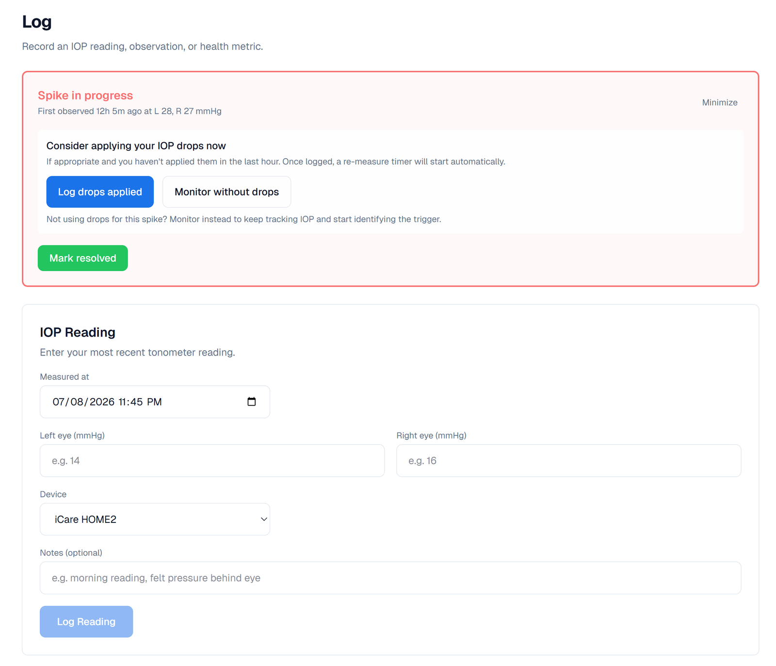 The spike banner showing "Log drops applied" and "Monitor without drops".