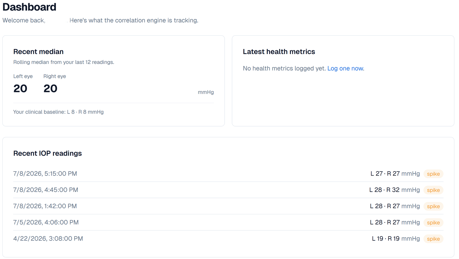 The dashboard, with the Recent median card and clinical-baseline reference.