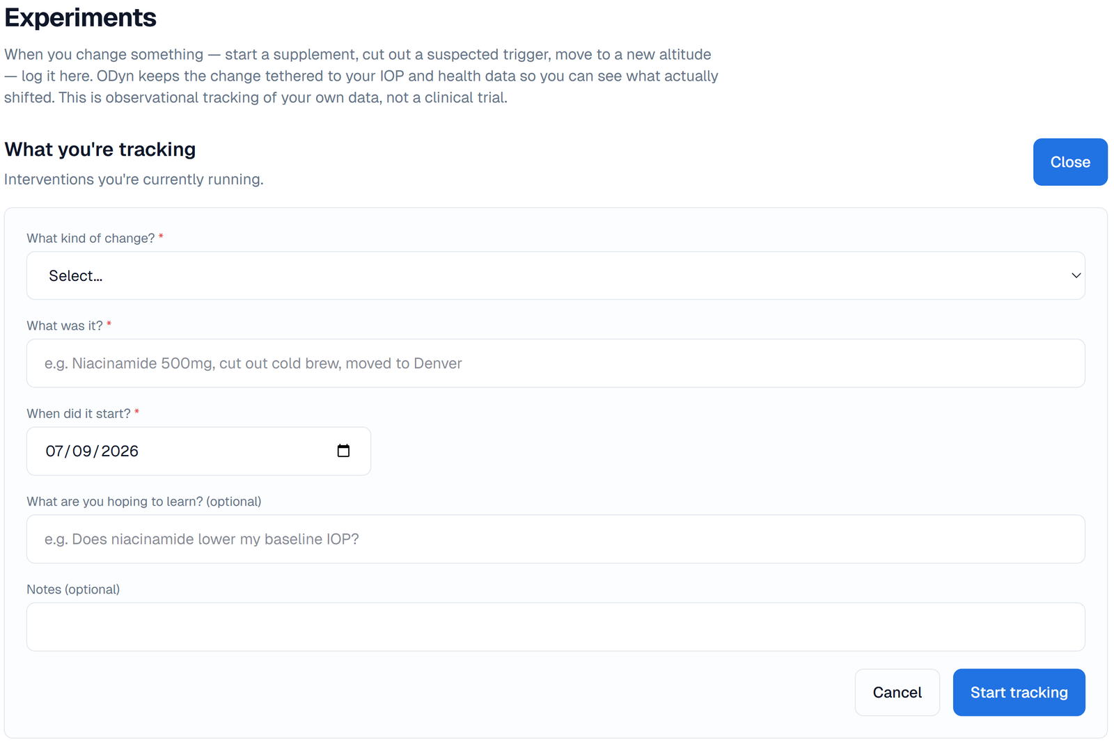 The "Log an intervention" form.