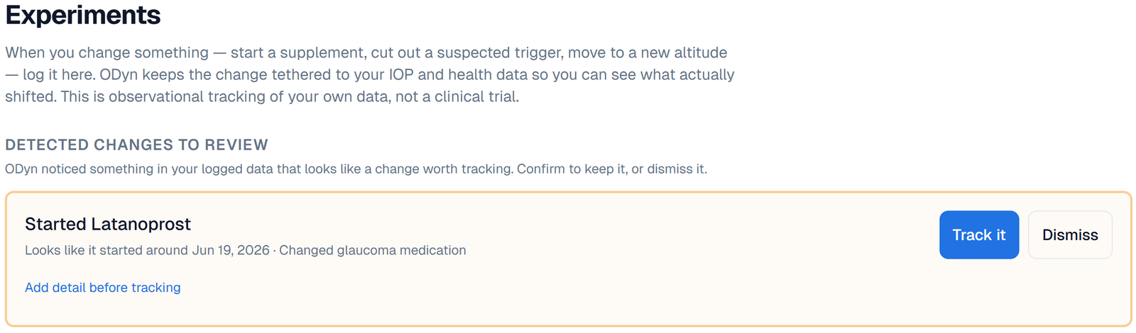 A detected-change candidate with "Track it" and "Dismiss".